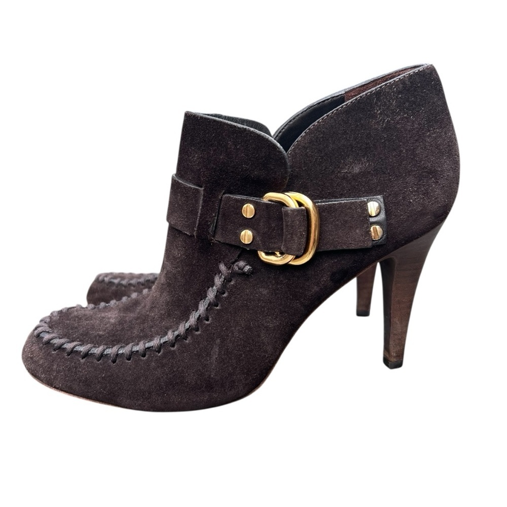 TORY BURCH Belen Suede Ankle Stiletto Booties Brown Buckle Women’s Size 10.5 - Picture 11 of 11